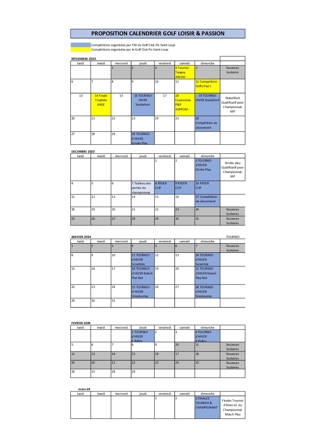 231121 Calendrier compétition AS Golf PSL